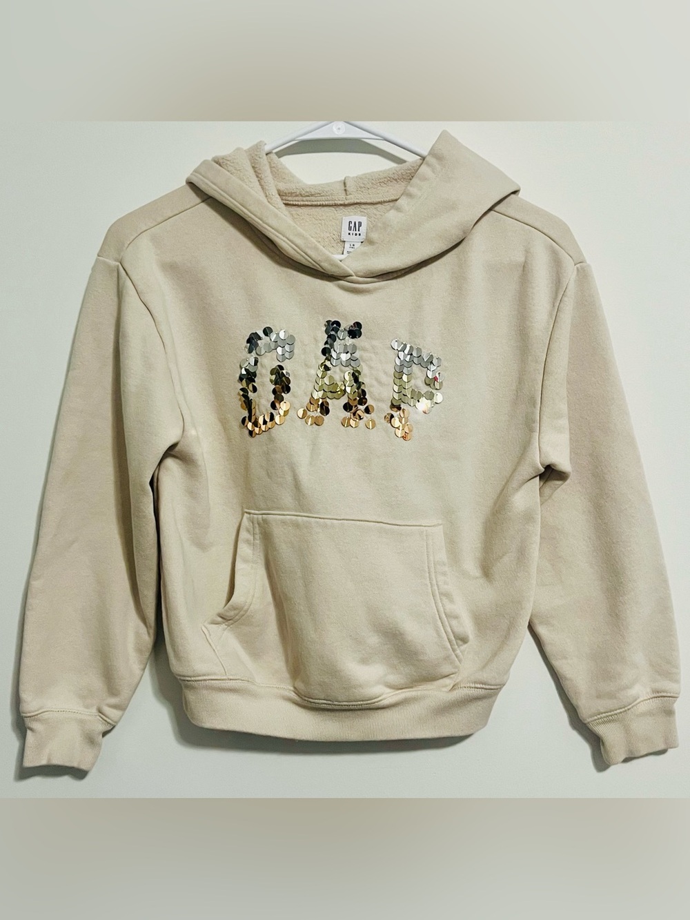 GAP Beige Sequin Logo Hoodie - Girls Casual Sweater